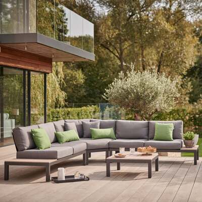 Kettler Elba Teak Top Aluminium Low Lounge Large Corner Sofa Set with Coffee Table