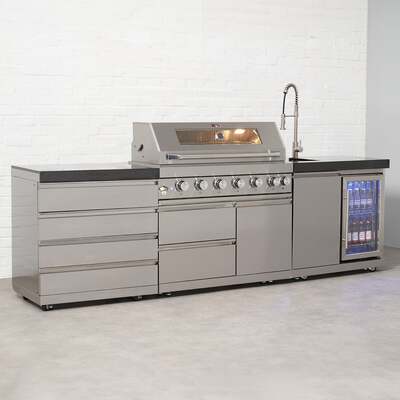 Draco Grills 6 Burner BBQ Modular Outdoor Kitchen with Quad Drawer and Single Fridge and Sink Unit, Available Now / Without Granite Side Panels