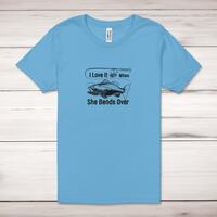 I Love It When She Bends Over Adult T-Shirt – Ocean Blue, Small