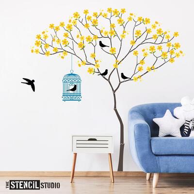 Triangle Tree with Birds & Blossoms Stencil Pack - Size XL-129 x 146cm (50.7x58inches)