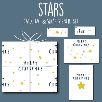 Merry Cristmas Stars Card, Tag & Wrap Christmas Stencil Set - Card, Tag & Wrap Set