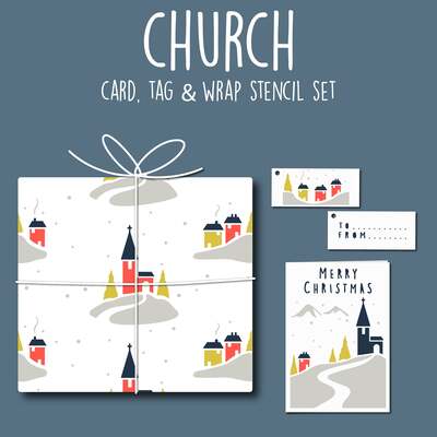 Festive Snowy Church Card, Tag & Wrap Christmas Stencil Set - Card, Tag & Wrap Set