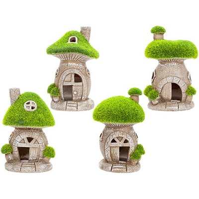 Set of FOUR Flock Toadstool Smurf House Garden Ornaments