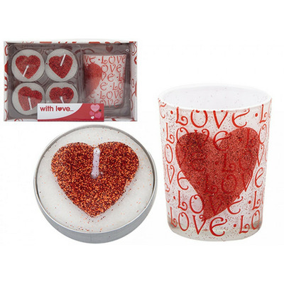 5 Piece Valentines Heart Tea Light Candles & Glass Holder Set