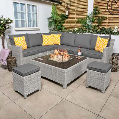 Kettler Palma Corner Right Hand White Wash Wicker Outdoor Sofa Set with Low Fire Pit Table