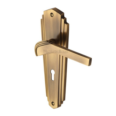 Heritage Brass Waldorf Art Deco Style Door Handles, Antique Brass - WAL6500-AT (sold in pairs) LOCK (WITH KEYHOLE)