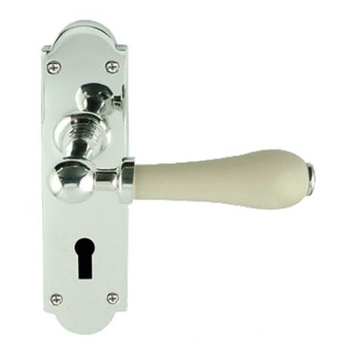 Chatsworth Cream Porcelain Door Handles, Polished Chrome Backplate - PCBUL29-CRM (sold in pairs) POLISHED CHROME - LATCH