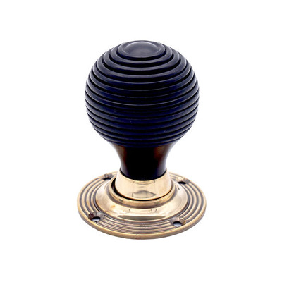 Spira Brass Ebony Beehive Rim/Mortice Door Knob (60mm), Aged Brass - SB2115AB (sold in pairs) SOLID EBONY WOOD AND AGED BRASS