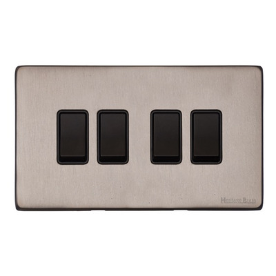 M Marcus Electrical Vintage 4 Gang 2 Way Switch, Aged Pewter With Black Switch - XAP.130.BK AGED PEWTER