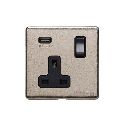 M Marcus Electrical Vintage Single 13 AMP USB Switched Socket, Rustic Nickel With Black Switch - XRN.740.BK-USB RUSTIC NICKEL