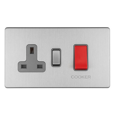 Carlisle Brass Eurolite Concealed 3mm 45 Amp Cooker Switch with Socket, Satin Stainless Steel With Grey Trim - ECSS45ASWASG SATIN STAINLESS STEEL - GREY TRIM