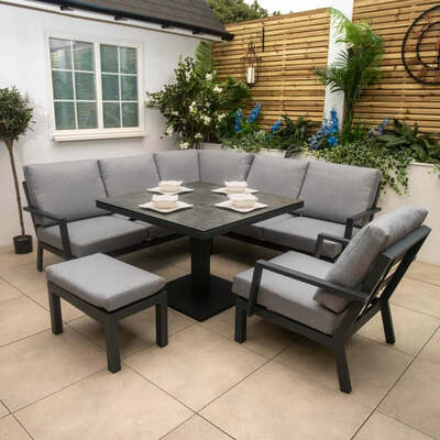 Bracken Outdoors Miami Dark Aluminium Compact Corner Set with Gas Adjustable Table Bench and Arm Chair, End of June 2024