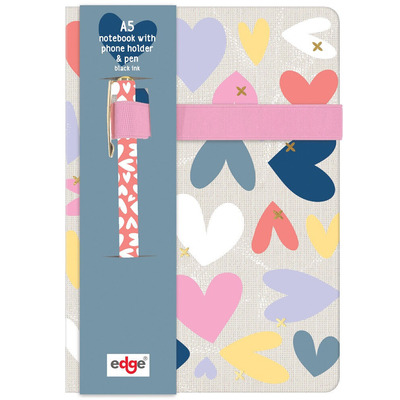 A5 Hearts Hardback Notebook With Phone Holder & Pen
