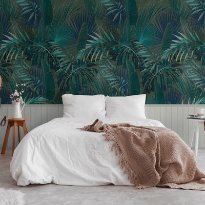 Palm Leaf and Wood Slats 2 in 1 Vinyl Wallpaper Green / Grey AS Creation 39812-1
