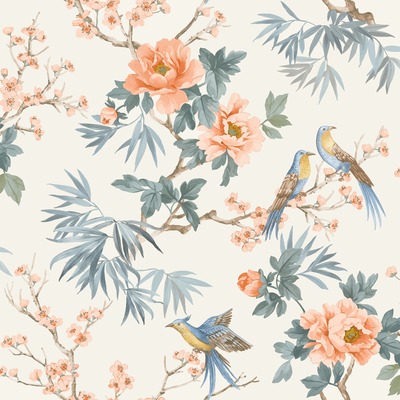 Amelie Chinoiserie Bird Wallpaper Orange / White Rasch 260561
