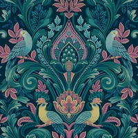 Peacock Damask Textured Vinyl Wallpaper Navy / Pink Grandeco A67801