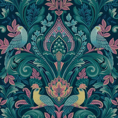 Peacock Damask Textured Vinyl Wallpaper Navy / Pink Grandeco A67801
