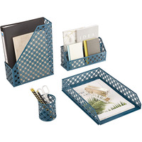 Exerz Desk Organiser 4 Pieces/ Office Set/ Desktop Metal Mesh Filing – Aegean Blue