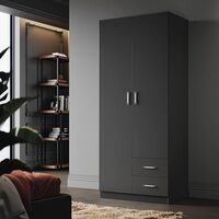 ELEGANT Wooden Wardrobe with Hanging Rail for Home Bedroom 2 Drawers Black
