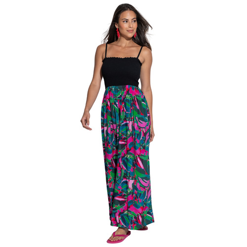 Pour Moi Emma Strapless Shirred Bodice Maxi Beach Dress - Black Multi
