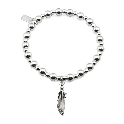 Mini Small Ball Bracelet with Feather Charm - Silver