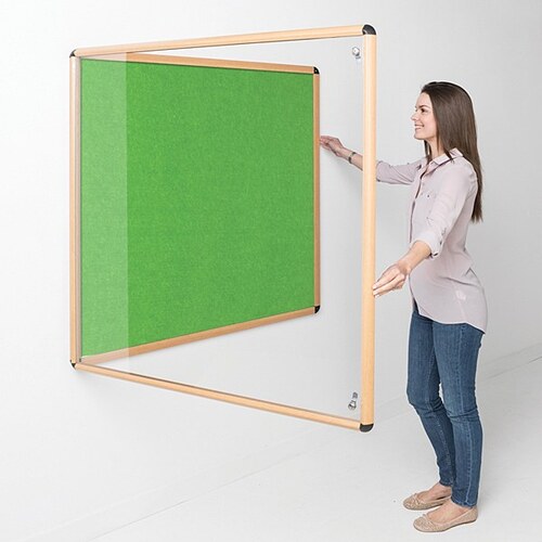 Shield Wood Effect Alu Frame Eco-Colour Tamperproof Noticeboard 900 x 600mm APPLE GREEN