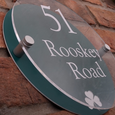 Modern Acrylic Round House Sign With Irish Shamrock Emblem