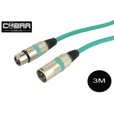 XLR Mic Audio Cable 3 Metre Long Lead - Soft Green Cable Metal Plugs