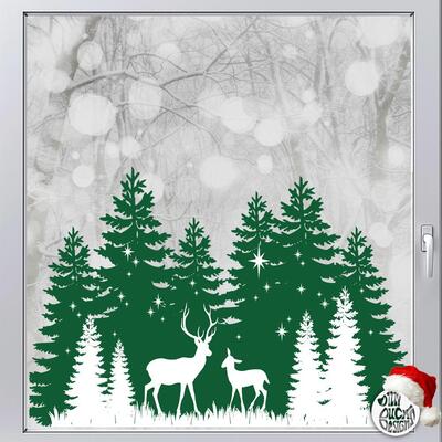 Christmas Trees & Stag Window Decal - Green - Large (96x57cms)