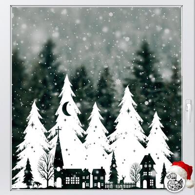Christmas Trees & Village Window Decal - White - Large (88x58cms)