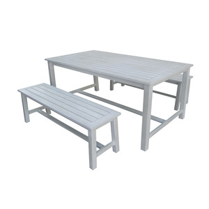 fsc® certified acacia white washed wooden bench dining set - 4-6 seater