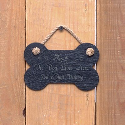 Small Bone Slate hanging sign - "The Dog lives here you’re just visiting"