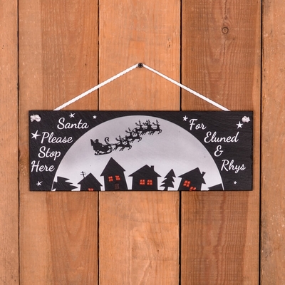 Personalised Deluxe Large Christmas Slate Hanging Sign - "Santa stop here"