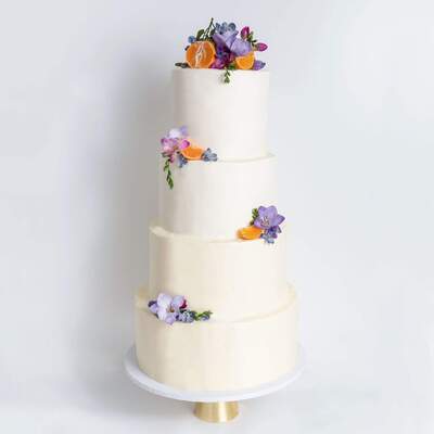 Four Tier Decorated White Wedding Cake - Purple Floral - Four Tier (12", 10", 8", 6")