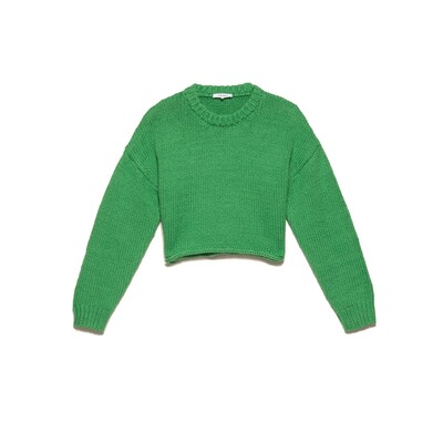 Oversized Crop Crew Cotton Sweater - Grass Green
