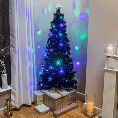 Multicoloured Fibre Optic Black Christmas Tree 2ft to 6ft with LED lights, 6ft / 1.8m