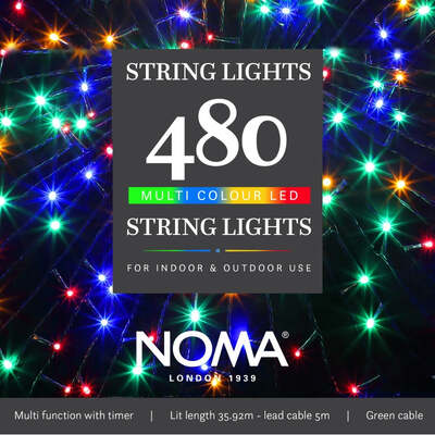 Noma Christmas 120, 240, 360, 480, 720, 1000 Multifunction Lights with Green Cable- Multicolour, 480 Bulbs