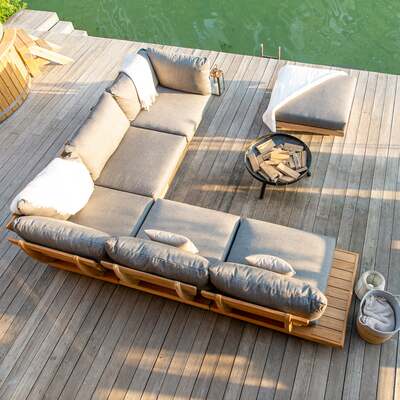 Alexander Rose Outdoor Sorrento Teak Lounge Set with Cushions and Ottoman, Niebla