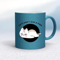 Cats Don’t Give A Fuck Mug – Blue Glitter/White, 10oz