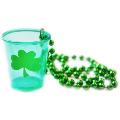 St Patricks Day Shamrock Plastic Shot Glasses With Necklace - TWELVE GLASSES
