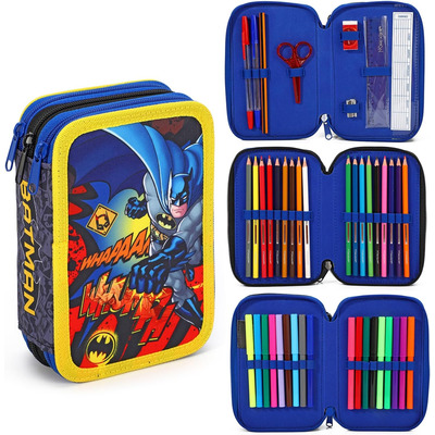 Batman 3 Tier Zipped Pencil Case and Stationery Set for School Kids