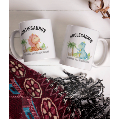 Pair of Personalised Auntie and Uncle Gift Mugs - Auntiesaurus and Unclesaurus