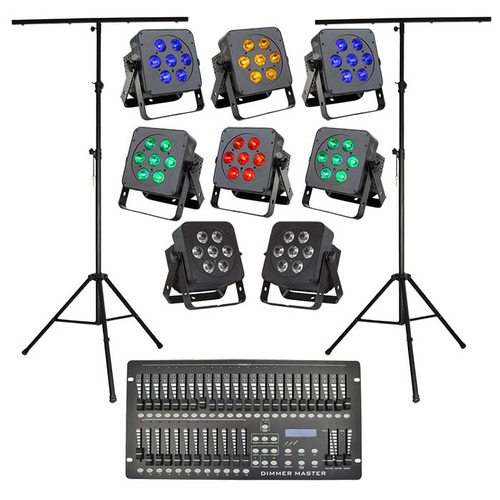 Stage Lighting Package with 8 RGBWA & UV LED Par Cans, Stands & Controller