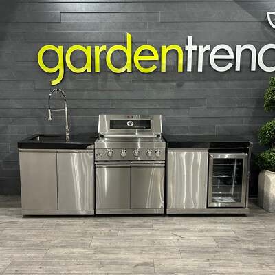 Ex Display Draco Grills 4 Burner Stainless Steel Outdoor Kitchen with Single Fridge Unit and Sink Unit