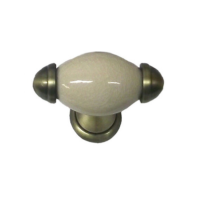 Chatsworth Oxford Pull Knob (Polished Chrome, Antique Brass OR Pewter), Cream Crackle Porcelain - BUL801-CRM-JCK ANTIQUE BRASS, CREAM CRACKLE GLAZE