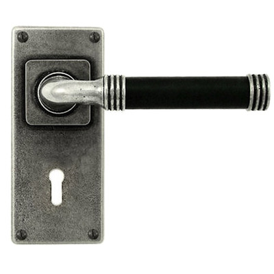 Finesse Jarrow Jesmond Leather Door Handles On Backplate, Black Leather & Pewter - FD109B (sold in pairs) LOCK (WITH KEYHOLE) (Please allow up to 6 weeks for delivery)