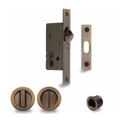 Heritage Brass Round Flush Handle Sliding Door Privacy Lock Set (40mm OR 50mm Backset), Antique Brass - RD2308-AT 40mm ROUND FLUSH HANDLE - ANTIQUE BRASS
