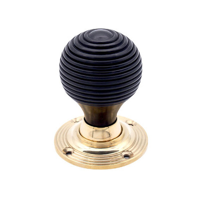 Spira Brass Ebony Beehive Rim/Mortice Door Knob (60mm), Polished Brass - SB2115PB (sold in pairs) SOLID EBONY WOOD AND POLISHED BRASS