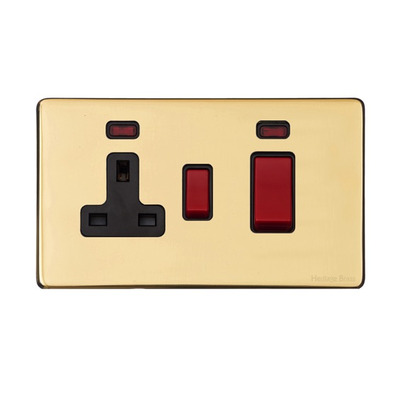 M Marcus Electrical Vintage 45A Cooker Unit/13A Socket With Neon, Polished Brass - X01.162.BK POLISHED BRASS