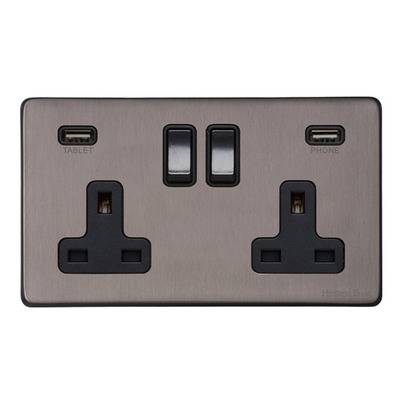 M Marcus Electrical Vintage Double 13 AMP USB Switched Socket, Satin Black Nickel With Black Switch - X66.750.BK-USB SATIN BLACK NICKEL